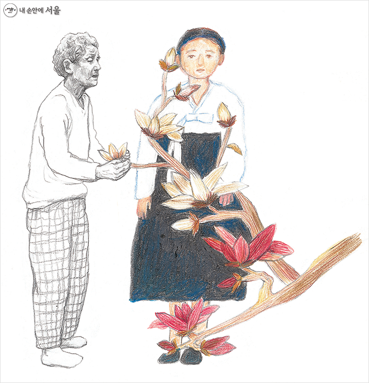 책의 제목 '못다 핀 꽃'은 김순덕 할머니가 그린 그림의 제목이기도 하다.