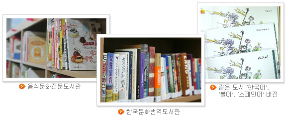 음식문화전문도서관(좌), 한국문화번역도서관(가운데), 같은 도서 ‘한국어’, ‘불어’, ‘스페인어’ 버전(우)