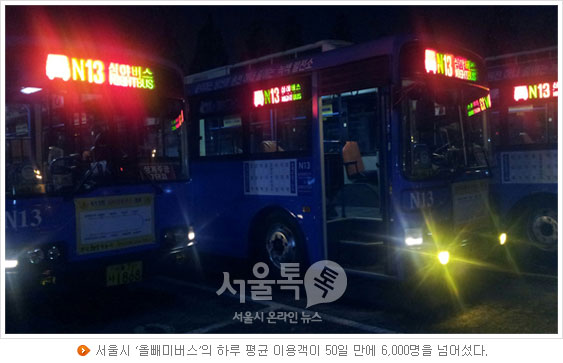 서울시 `올빼미버스`의 하루 평균 이용객이 50일 만에 6,000명을 넘어섰다.
