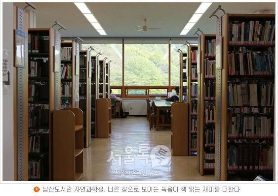 남산도서관 자연과학실, 너른 창으로 보이는 녹음이 책 읽는 재미를 더한다