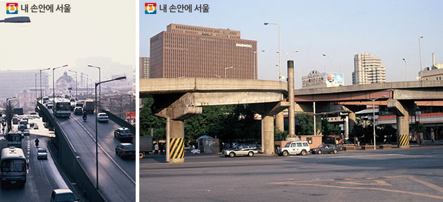 (왼쪽부터)서울역 고가도로(1996.2)/ 중림동 약현성당에서 본 서울역과 남산방향(1996.5)