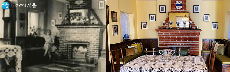 1920년대 1층 거실 모습(좌: 1920년대, 우: 현재 재현된 모습)