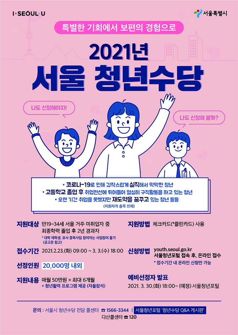 서울시가 2월 23일부터 3월 3일까지 청년수당 참여자를 모집한다.