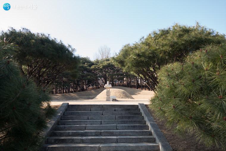 출입구 계단을 오르며 본 김구 선생 묘역이다  ⓒ김인수