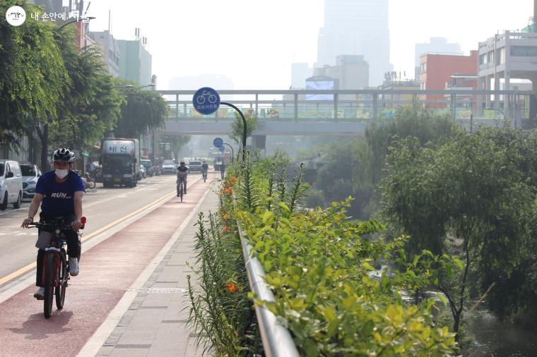 최근 개통한 청계천 자전거도로를 이용해 시민들이 출근을 하고 있다. 