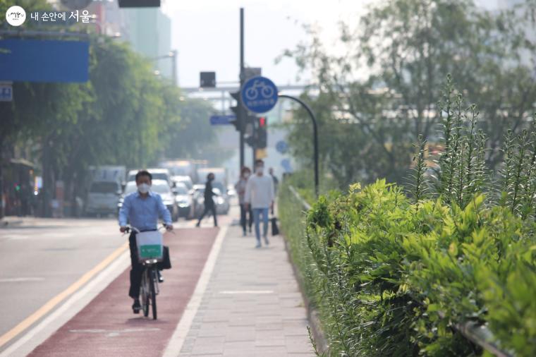 청계천 자전거도로 주변으로 푸른 녹음이 생기를 더한다. 