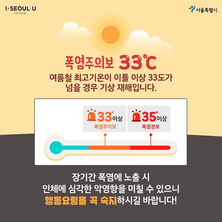 # 폭염주의보 33℃ 여름철 최고기온이 이틀 이상 33도가 넘을 경우 기상 재해입니다.   33도 이상 폭염주의보 35도 이상 폭염경보  장기간 폭염에 노출 시 인체에 심각한 악영향을 미칠 수 있으니  행동요령을 꼭 숙지하시길 바랍니다!