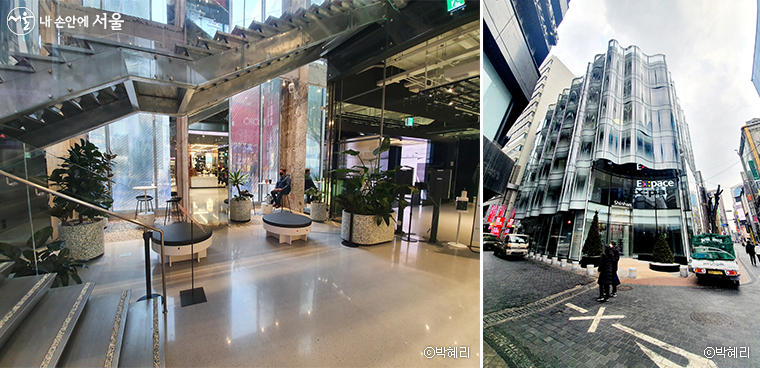 나이키 바이 유 커스텀 서비스매장의 1층 로비(좌), 신한은행의 열린 R&D공간 Expace(우) 