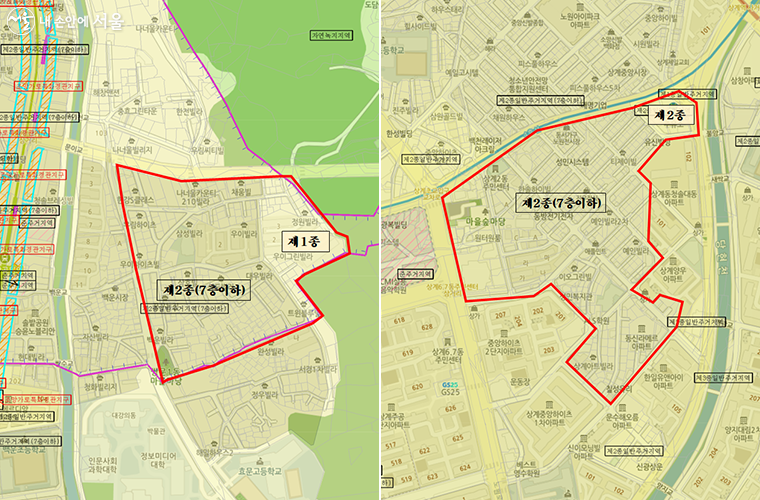 모아타운 대상지_도봉구 쌍문동 524-87 일원(좌), 노원구 상계2동 177-66 일원