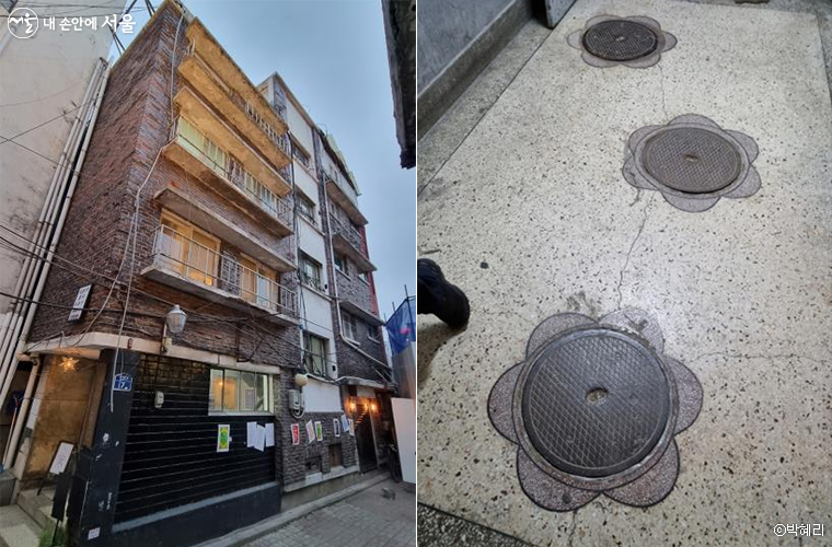 조선살롱이 있었던 해봉빌딩의 외관. 1층 출입구에 있는 맨홀은 꽃모양으로 꾸며져 있다. 근대건축의 일반성과 특수성을 그대로 보여준다.