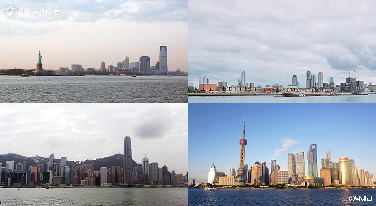 다른 도시들의 다이나믹한 스카이라인들:  뉴욕 맨하튼, 로테르담, 상하이, 홍콩(왼쪽 위부터 시계방향) 