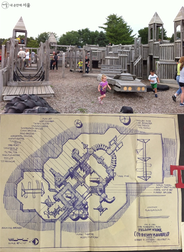 미국 아이오와 주의 한 학교 놀이터 사진과 아직도 남아있는 도면. 1990년에 꽤 사려깊게 디자인되어 만들어졌고 동네 주민들과 같이 나이들어가는 놀이풍경. 우리는 이런 것이 불가능할까?