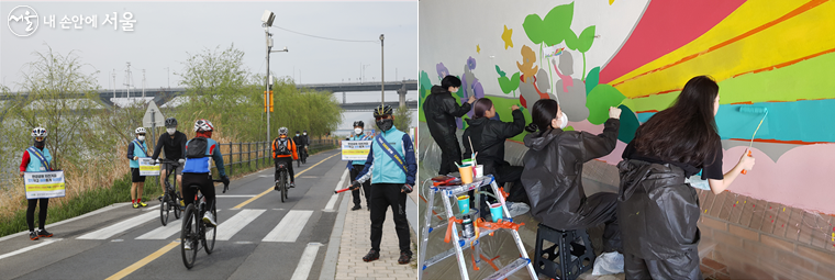 자전거패트롤 봉사단 캠페인 활동(왼쪽), 재능기부 벽화봉사단(오른쪽)