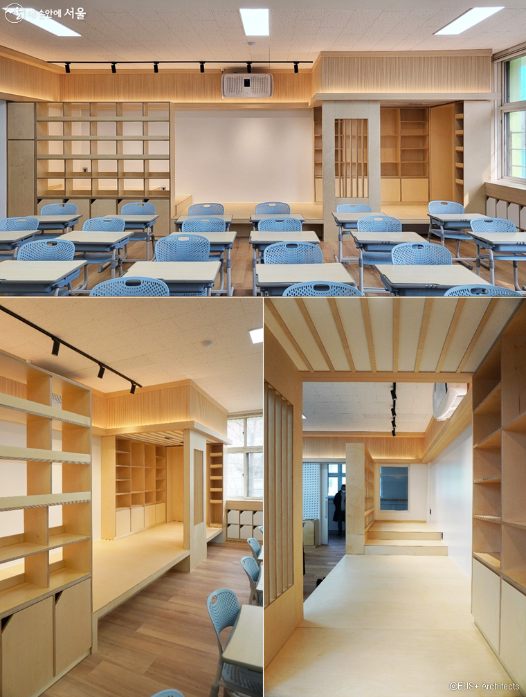 새 꿈담교실의 다양한 장소들. 2년 전 교실 디자인과 다르면서도 비슷하고 전통적인 요소는 없지만 전통의 따뜻함이 느껴진다.