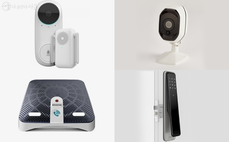 안심장비 4종(예시) 스마트초인종, 가정용 CCTV, 디지털 도어록, 음성인식 비상벨(왼쪽위부터 시계방향)