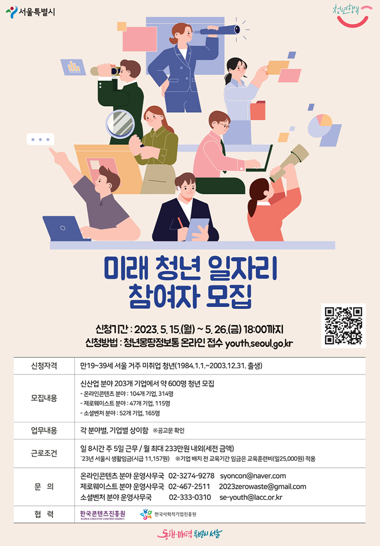 서울시가 유망신성장기업에서 일경험을 쌓고 직무역량을 강화할 수 있는 ‘미래청년일자리’에 참여할 청년 600명을 모집한다. 