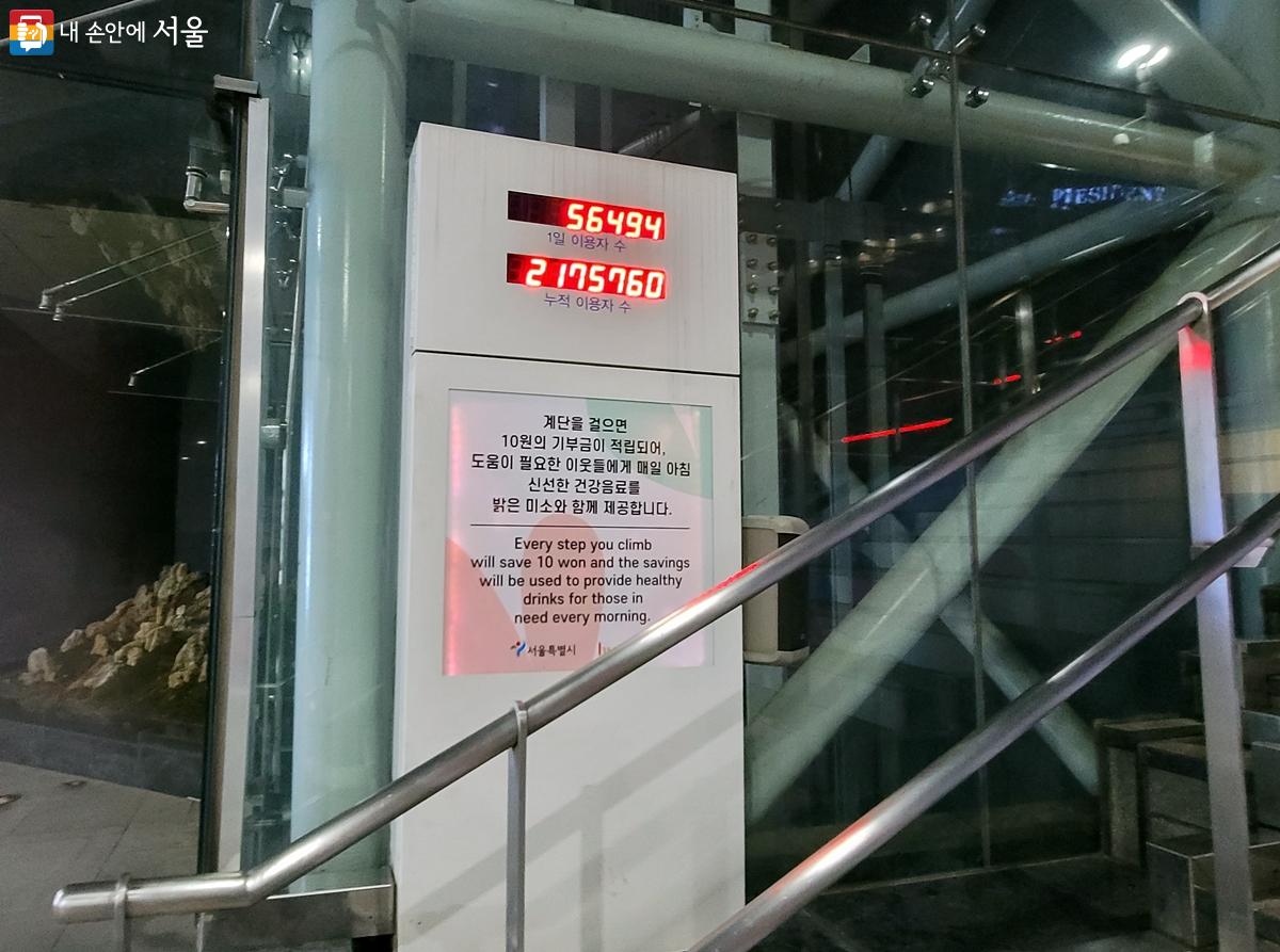 서울시청 지하에 있는 기부 계단에는 이용객 숫자와 누적 인원자 수가 표시돼 있다. ©김윤경