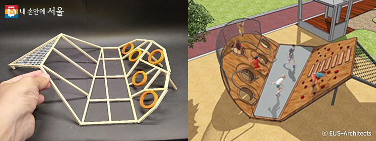 모이 놀이풍경의 구조 모형과 3D 모델링 이미지. 