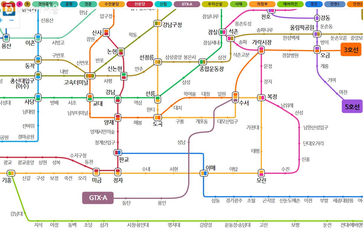 지하철 노선도에 표시된 GTX-A노선(성남역은 경강선과 환승역이다) ©서울시