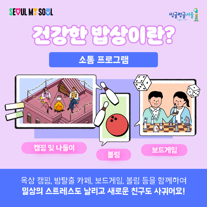 서울시 청년 1인가구를 위한 ‘건강한 밥상’ 프로그램은 건강한 식습관 지원을 위한 ‘요리 교실’과 사회관계망 형성을 위한 ‘소통 프로그램’으로 구성된다.
