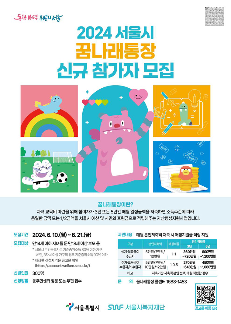 서울시는 저소득 가구의 만 14세 이하 자녀 교육자금 마련을 돕는 ‘꿈나래 통장’ 신규참여자를 모집한다.