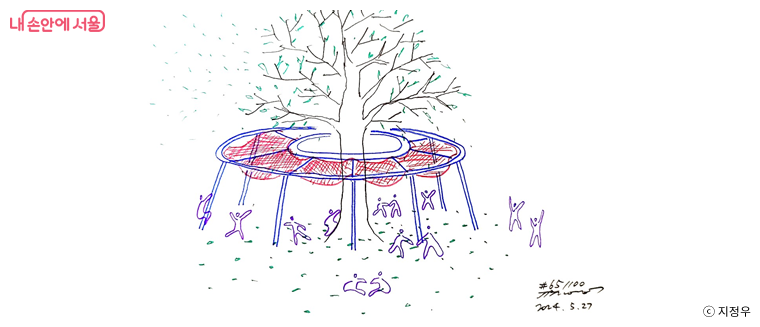 큰 나무 아래 간단한 구조물로 어린이들이 나무와 더욱 교감하며 놀 수 있지 않을까 하며 그려본 스케치
