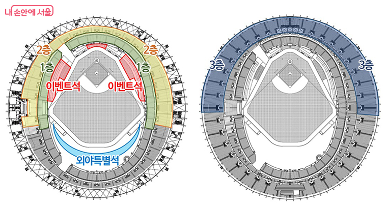 대체 야구장 하부(왼쪽)와 상부(오른쪽) 관람석 계획(안)