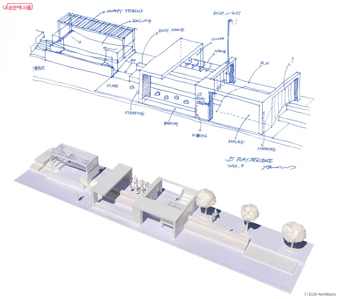 기존 구령대도 놀이풍경의 일부가 되도록 발전시켰다. 설계 단계의 스케치와 모형.