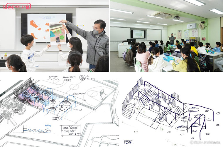 학생 참여 워크숍의 모습과 초기 설계 아이디어 스케치