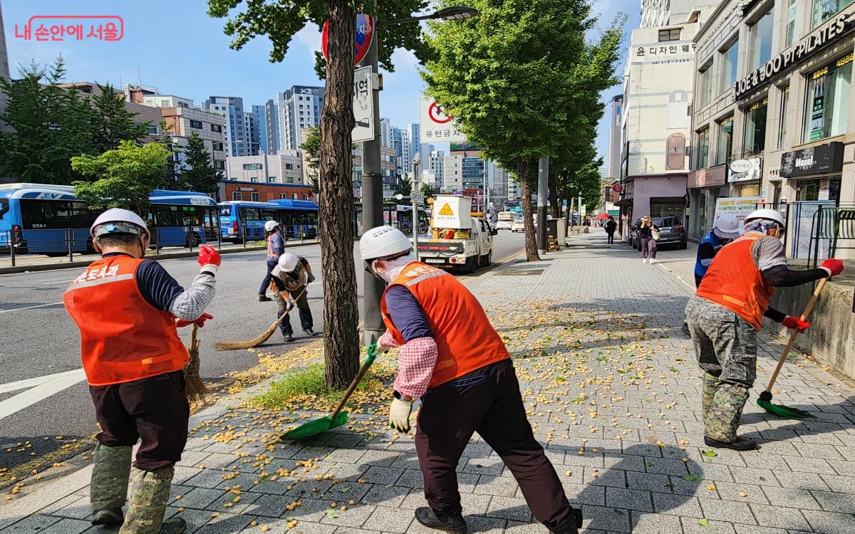 바닥에 떨이진 열매를 쓸어 담고 있다. ⓒ윤혜숙