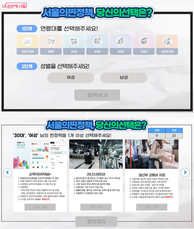 ‘서울의 찐정책, 당신의 선택은?’ 이벤트에서는 성별과 연령대에 맞는 서울 정책들을 확인할 수 있다.