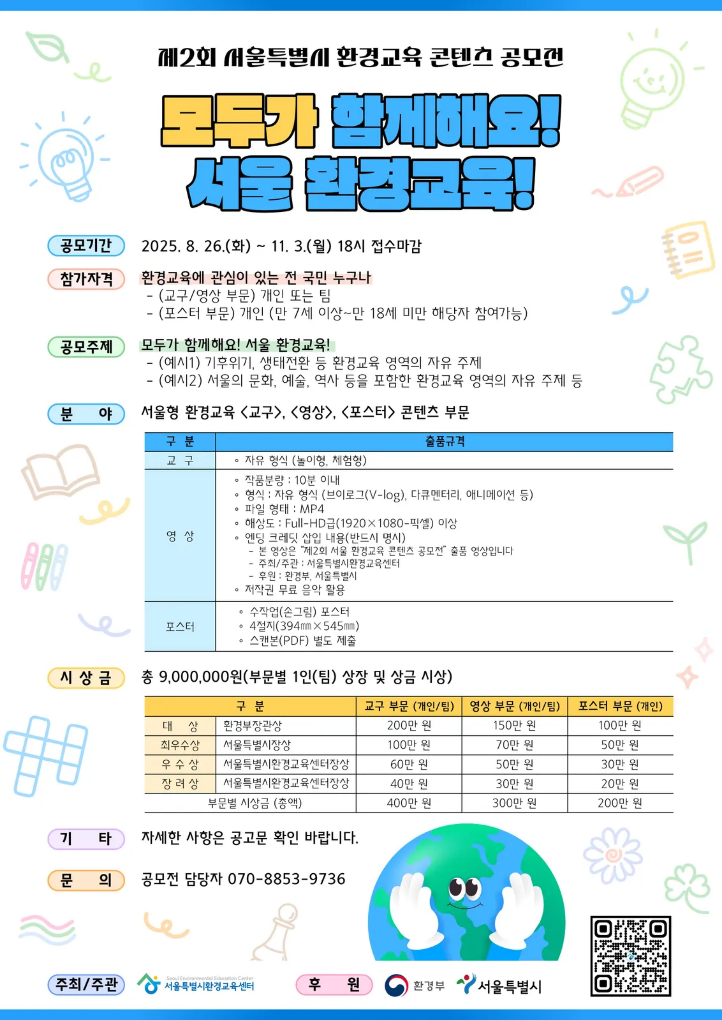 제2회 서울특별시 환경교육 콘텐츠 공모전 모두가 함께해요! 서울 환경교육! 공모기간: 2025.8.26.(화)~11.3.(월) 18시 접수마감 참가자격: 환경교육에 관심이 있는 전 국민 누구나 (교구/영상 부문) 개인 또는 팀 (포스터 부문) 개인(만 7세 이상~만 18세 미만 해당자 참여가능) 공모주제: 모두가 함께해요! 서울 환경교육! (예시1) 기후위기, 생태전환 등 환경교육 영역의 자유 주제 (예시2) 서울의 문화, 예술, 역사 등을 포함한 환경교육 영역의 자유 주제 등 분야: 서울형 환경교육 <교구>, <영상>, <포스터> 콘텐츠 부문 <교구> 자유형식(놀이형, 체험형) <영상> 작품분량: 10분 이내 형식: 자유형식(브이로그, 다큐멘터리, 애니메이션 등) 파일형태: MP4 해상도: Full-HD급(1920x1080 픽셀) 이상 엔딩 크레딧 삽입 내용(반드시 명시): 본 영상은 '제2회 서울 환경교육 콘텐츠 공모전' 출품 영상입니다 주최/주관: 서울특별시환경교육센터 후원: 환경부, 서울특별시 저작권 무료 음악 활용 <포스터> 수작업(손그림) 포스터, 4절지(394mmx545mm) 스캔본(PDF) 별도 제출, 시상금: 총 9,000,000원(부문별 1인(팀) 상장 및 상금 시상) <대상> 환경부장관상 (교구 부문) 200만원 (영상 부문) 150만원 (포스터 부문) 100만원 <최우수상> 서울특별시장상 (교구 부문) 100만원 (영상 부문) 70만원 (포스터 부문) 50만원 <우수상> 서울특별시환경교육센터장상 (교구 부문) 60만원 (영상 부문) 50만원 (포스터 부문) 30만원 <장려상> 서울특별시환경교육센터장상 (교구 부문) 40만원 (영상 부문) 30만원 (포스터 부문) 20만원, 기타: 자세한 사항은 공고문 확인 바랍니다. 문의: 공모전 담당자 070-8853-9736