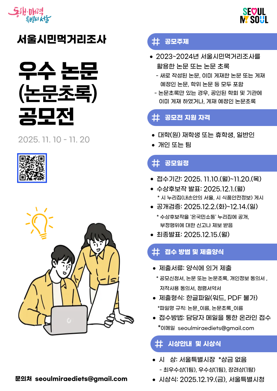 서울시민먹거리조사 우수 논문(논문초록) 공모전 2025.11.10-11.20 공모주제 2023~2024년 서울 시민 먹거리 조사를 활용한 논문 및 논문 초록 - 새로 작성된 논문, 이미 게재한 논문 또는 게재 예정인 논문, 학위 논문 등 모두 포함 - 논문초록만 있을 경우, 공인된 학회 및 기관에 이미 게재 하였거나 게재 예정인 논문초록 공모전 지원 자격 - 대학(원) 재학생 또는 휴학생, 일반인 - 개인 또는 팀 공모일정 - 접수기간: 2025.11.10.(월)~11.20.(목) -수상후보작 발표: 2025.12.1.(월) *시 누리집(내손안의서울, 시 식품안전정보) 게시 - 공개검증: 2025.12.2.(화)~12.14.(월) *수상후보작을 '온국민소통' 누리집에 공개, 부정행위에 대한 신고나 제보 받음 - 최종발표: 2025.12.15.(월) 접수 방법 및 제출양식 - 제출서류: 양식에 의거 제출 *공모신청서, 논문 또는 논문초록, 개인정보 동의서, 저작사용 동의서, 청렴서약서 - 제출형식: 한글파일(워드, PDF 불가) *파일명 규칙: 논문_이름, 논문초록_이름 - 접수방법: 담당자 메일을 통한 온라인 접수 *seoulmiraediets@gmail.com 시상안내 및 시상식 - 시상: 서울특별시장 *상금 없음 - 최우수상(1팀), 우수상(1팀), 장려상(1팀) - 시상식: 2025.12.19.(금), 서울특별시청 문의처: seoulmiraediets@gmail.com