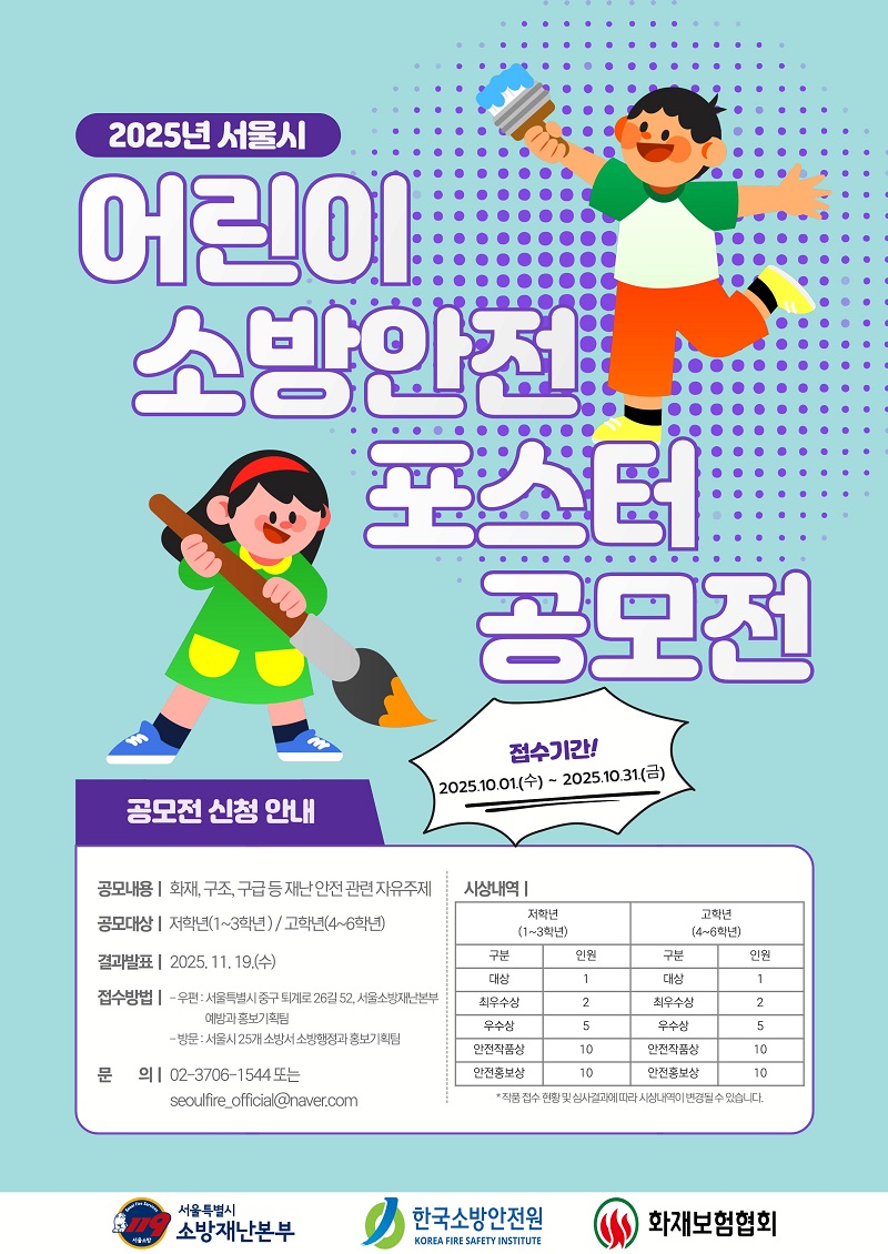 2025 서울시 어린이 소방안전 포스터 공모전 접수기간 2025.10.01.(수)~2025.10.31.(금) 공모전 신청 안내 공모내용:화재, 구조, 구급 등 재난 안전 관련 자유주제 공모대상:저학년(1~3학년)/고학년(4~6학년) 결과발표:2025.11.19.(수) 접수방법: 우편:서울특별시 중구 퇴계로 26길 52, 서울소방재난본부 예방과 홍보기획팀 방문:서울시 25개 소방서 소방행정과 홍보기획팀 문의:02-3706-1544 또는 seoulfire_official@naver.com 시상내역 저학년(1학년/2학년/3학년) 대상1명, 최우수상 2명, 우수상 5명, 안전작품상 10명, 안전홍보상 10명 고학년(4학년/5학년/6학년) 대상1명, 최우수상 2명, 우수상 5명, 안전작품상 10명, 안전홍보상 10명 *작품 접수 현황 및 심사결과에 따라 시상내역이 변경될 수 있습니다.