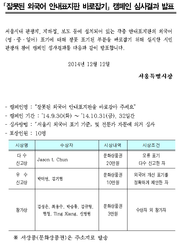 잘못된 외국어 안내표지판 바로잡기 캠페인 결과 발표