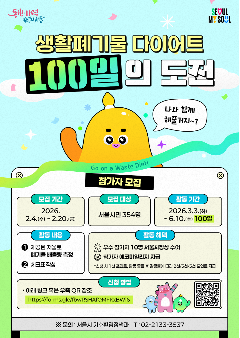 생활폐기물 다이어트 100일의 도전 참가자 모집 모집기간 2026년 2월 4일부터 2월 20일까지 모집대상 서울시민 354명 활동기간 2026년 3월 3일부터 6월 10일까지 100일간 활동 내용 제공된 저울로 폐기물 배출량 측정 및 체크표 작성 활동 혜택 우수 참가자 10명 서울시장상 수여 참가자 에코마일리지 지급 신청 시 1천 포인트, 활동 종료 후 감량률에 따라 2천, 3천, 5천 포인트 지급