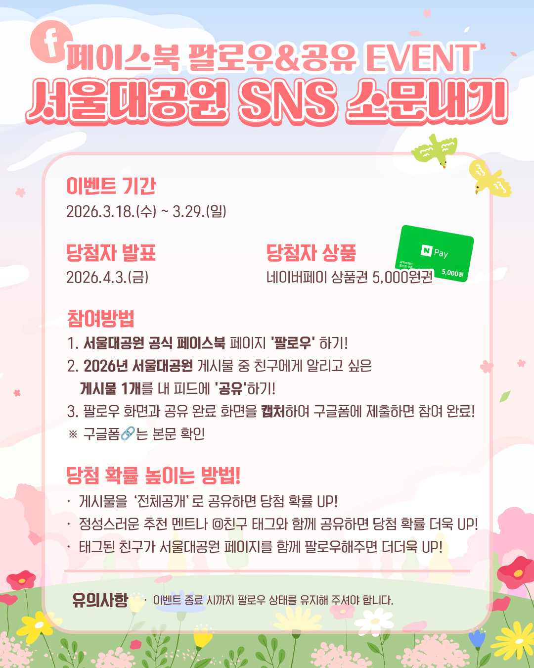 페이스북 팔로우&공유 EVENT 서울대공원 SNS 소문내기 이벤트 기간 : 2026. 3. 18.(수) ~ 3. 29.(일)   당첨자 발표 : 2026. 4. 3.(금)  ○ 당첨자 상품 : 네이버페이 상품권 5,000원권  참여방법  1. 서울대공원 공식 페이스북 페이지 '팔로우' 하기!  2. 2026년 서울대공원 게시물 중 친구에게 알리고 싶은 게시물 1개를 내 피드에 '공유'하기!  3. 팔로우 화면과 공유 완료 화면을 캡처하여 구글폼에 제출하면 참여 완료!  ※ 구글폼는 본문 확인  당첨 확률 높이는 방법!  - 게시물을 '전체공개'로 공유하면 당첨 확률 UP!  - 정성스러운 추천 멘트나 @친구 태그와 함께 공유하면 당첨 확률 더욱 UP!  - 태그된 친구가 서울대공원 페이지를 함께 팔로우해주면 더더욱 UP!  유의사항 : 이벤트 종료 시까지 팔로우 상태를 유지해 주셔야 합니다.