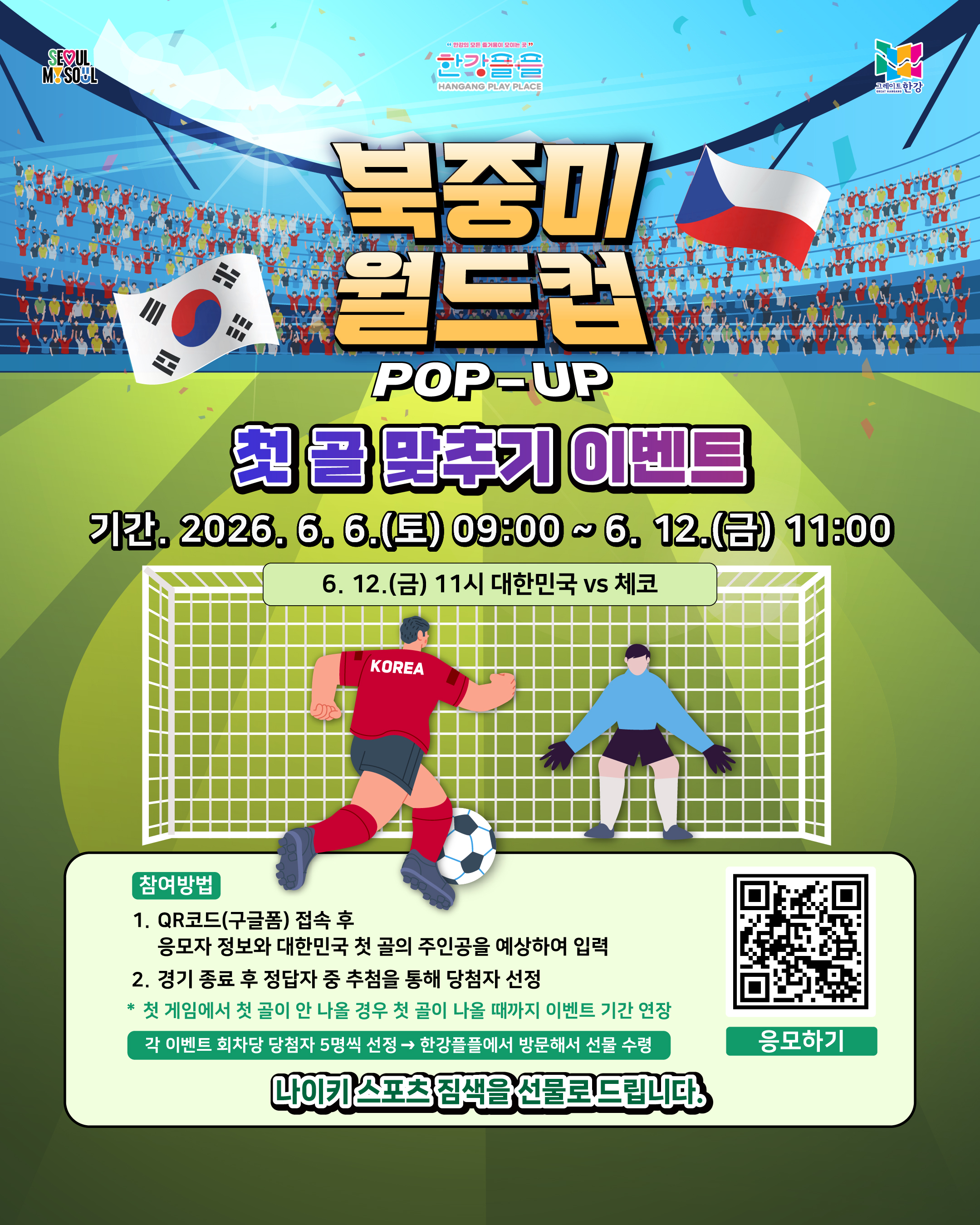 한강플플 북중미 월드컵 팝업 &lsquo;첫 골 맞추기 이벤트&rsquo; 안내 카드뉴스. 축구 경기장을 배경으로 대한민국 국기와 체코 국기가 배치되어 있으며, 중앙에는 &lsquo;첫 골 맞추기 이벤트&rsquo; 제목이 크게 표시되어 있다.  이벤트 기간은 2026년 6월 6일(토) 오전 9시부터 6월 12일(금) 오전 11시까지이며, 대상 경기는 6월 12일 오전 11시에 열리는 대한민국 대 체코 경기이다. 골대 앞에서 대한민국 유니폼을 입은 선수가 슈팅하는 일러스트가 함께 배치되어 있다.  참여 방법은 QR코드 또는 구글폼에 접속해 응모자 정보와 대한민국의 첫 골 주인공을 예상하여 제출하는 방식이다. 경기 종료 후 정답자 중 추첨을 통해 당첨자를 선정하며, 첫 경기에서 대한민국 첫 골이 나오지 않을 경우 첫 골이 나올 때까지 이벤트 기간이 연장된다.  회차별로 당첨자 5명을 선정하며, 당첨자는 한강플플을 방문해 경품을 수령할 수 있다. 경품은 나이키 스포츠 짐색이다. 카드 하단에는 이벤트 참여용 QR코드와 &lsquo;응모하기&rsquo; 버튼이 표시되어 있다.