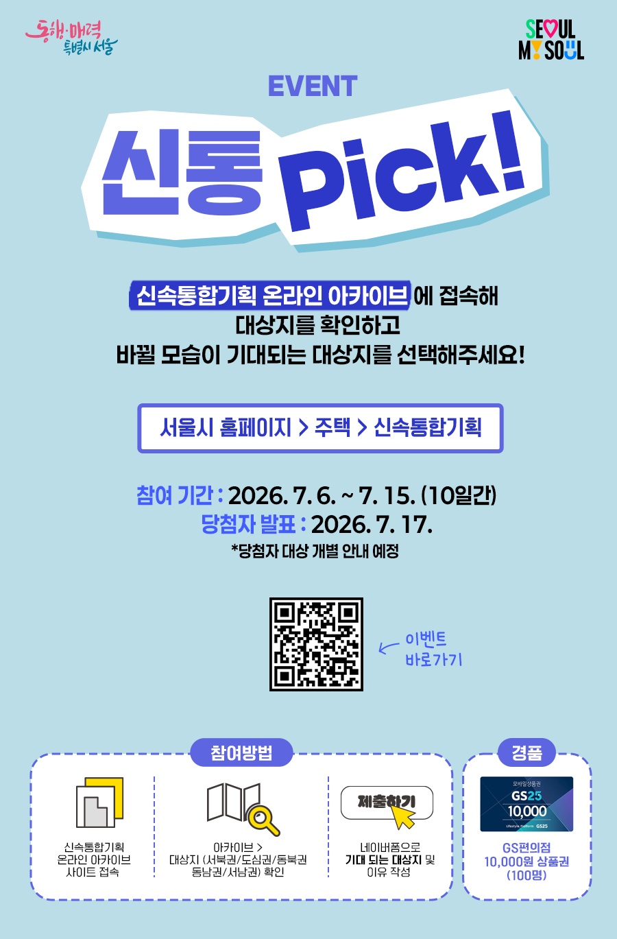 [이벤트 2탄] 신속통합기획 대상지 온라인 이벤트, 신통 Pick!    신속통합기획으로 재탄생할 우리 동네!  도시변화를 이끄는 신속통합기획의 온라인 아카이브에 접속해  신속통합기획 대상지를 지금 바로 확인해보세요!  신속통합기획 아카이브 사이트에서 대상지 확인하고,  변화할 모습이 가장 기대되는 대상지를 선택해주시면!  추첨을 통해 상품을 드립니다.    ■ 참여 기간  2026. 7. 6.(월) ~ 2026. 7. 15.(수)    ■ 경품  GS편의점 10,000원 상품권(100명)    ■ 당첨자 발표  2026. 7.17.(금)    ■ 참여 방법   1. 신속통합기획 온라인 아카이브 접속   2. 아카이브 > 대상지기록 (서북권/도심권/동북권/동남권/서남권) 확인   3. 네이버폼을 통해 기대되는 대상지와 그 이유를 정성스럽게 작성하면 참여 완료!    ■ 신속통합기획 온라인 아카이브 : : https://news.seoul.go.kr/citybuild/archives/category/integration-plan_c1/integration-archive_c1/target-record-n1    ■ 네이버폼 링크 바로가기 :https://naver.me/5UV36XV6    ■ 문의사항 : 신속통합기획 온라인 아카이브 이벤트 운영사무국 02-3406-2890