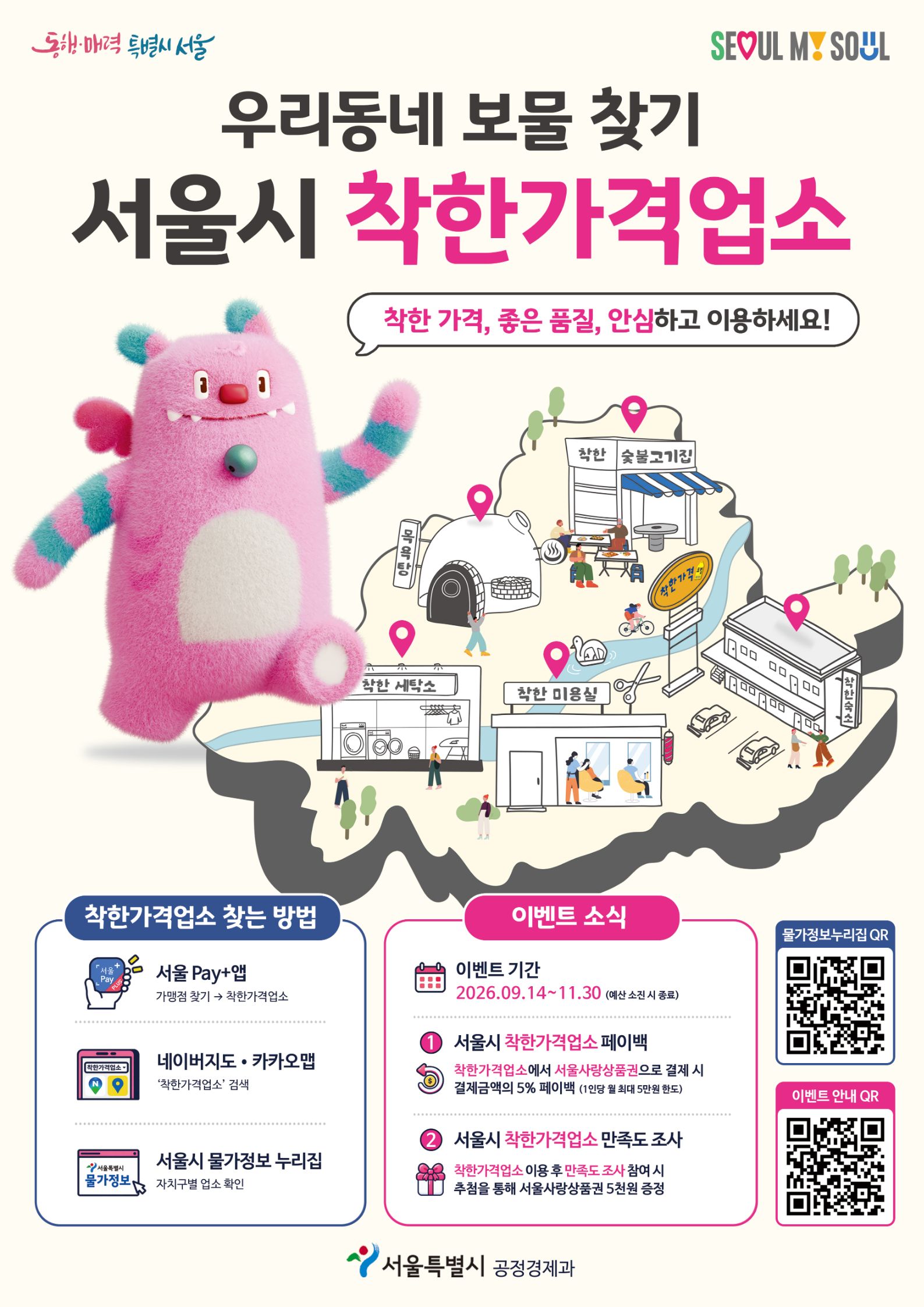우리 동네 보물찾기!   서울시 착한가격업소 방문 이벤트    9월 14일부터 11월 30일까지  서울시 착한가격업소를 이용하시면     서울사랑상품권 5% 환급 혜택에  상품권 추첨 만족도조사 이벤트까지!     지금 바로 우리 동네 착한가격업소를 찾아보세요~♪♬ ㅁ 서울시 착한가격업소 페이백 이벤트  - 참여기간 : 2026. 9. 14. ~ 11. 30.(예산 소진 시 종료)  - 참여방법 : 서울시 착한가격업소에서 서울사랑상품권 결제(자동 신청)  - 참여혜택 : 결제금액 5% 페이백 지급  - 지급시기 : 11.20.(1차), 12.20.(2차) 순차 지급     ㅁ 서울시 착한가격업소 만족도 조사 참여 이벤트  - 참여기간 : 2026. 9. 14. ~ 11. 30.  - 참여방법 : 착한가격업소 결제 영수증, 이용 만족도 조사(4개 문항) 구글폼 제출  &rArr; 바로가기  - 참여혜택 : 추첨을 통해 200명 서울사랑상품권(5천원) 지급  - 지급시기 : 12.10. 지급(대상자 별도 안내)     ㅁ 착한가격업소 확인하는 법  : 서울시 물가정보누리집, 서울Pay+앱 가맹점 찾기, 네이버지도&middot;카카오맵에 &lsquo;착한가격업소&rsquo; 검색  (업소 방문 전 서울사랑상품권 결제 가능한 지 필수 확인) ㅁ 유의사항  - 서울사랑상품권 결제 가능한 착한가격업소는 서울Pay+앱 [가맹점 찾기]에서 확인해주세요.  - 착한가격업소 이용 만족도 조사는 방문하신 착한가격업소 1개소 당 1회 참여 가능합니다.  - 착한가격업소 이용 만족도 조사 이벤트 영수증은 이용 내역(날짜, 업소명, 사업자등록번호)이 보이도록 촬영 및 첨부해주세요.  - 부정한 방법으로 이벤트에 참여한 경우 당첨이 취소될 수 있습니다.  - 예산 소진 시 이벤트가 조기 종료될 수 있습니다.  ㅁ 문의처 ☎ 070-8065-0070  