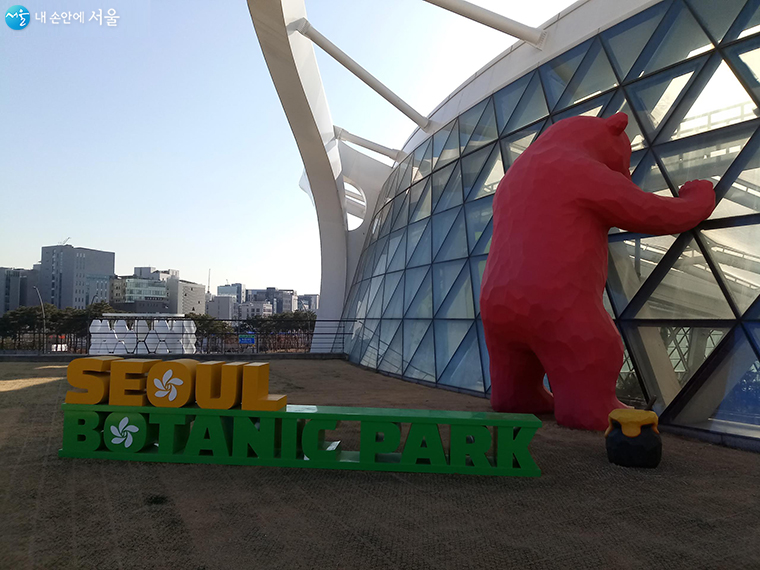 서울식물원 온실 밖에서 안을 들여다 보는 곰 조형물