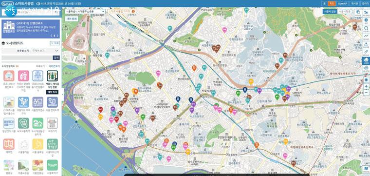 스마트서울맵에서 서울 채식식당을 지도로 한 눈에 볼 수 있다.