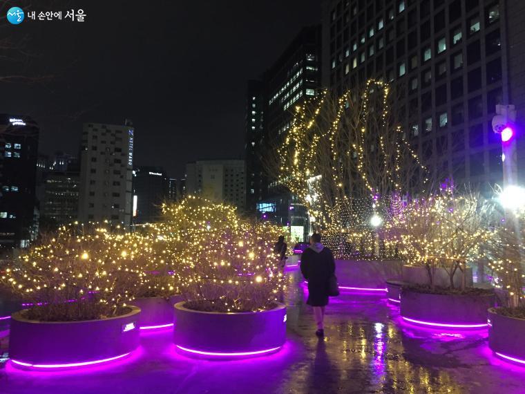 도심을 가로지르며 흐르는 서울로7017의 야경 