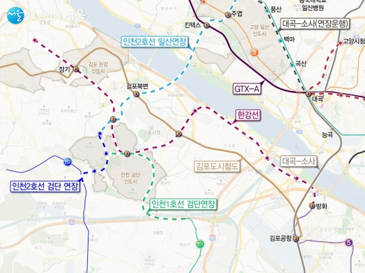 국토교통부_5호선 서쪽 연장인 김포한강선 구상 노선도