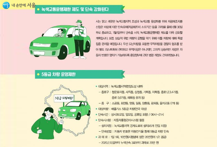 서울시는 녹색교통지역(한양도성 내부)에 5등급 차량 운영을 제한하고 있다.