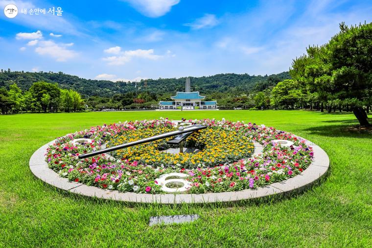 계절에 맞는 아름다운 꽃으로 장식된 '꽃시계'가 푸른 잔디와 잘 어우러져 보인다. 