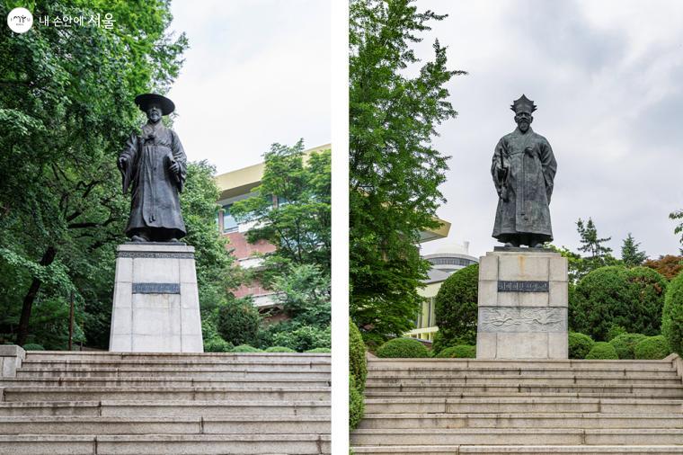 대규모 열람실과 정보실, 자료실을 보유하고 있는 남산도서관의 좌측과 우측에는 다산 정약용 선생과 퇴계 이황 선생의 동상이 반겨주고 있다 ⓒ이재연 