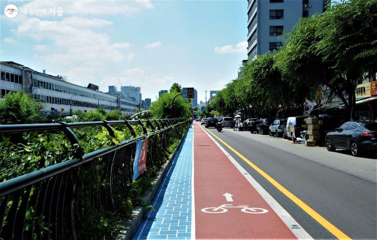 상행 구간도 자전거 전용도로와 안전통로(보행로)가 같이 설치된 구간과 그렇지 않은 구간이 있다.