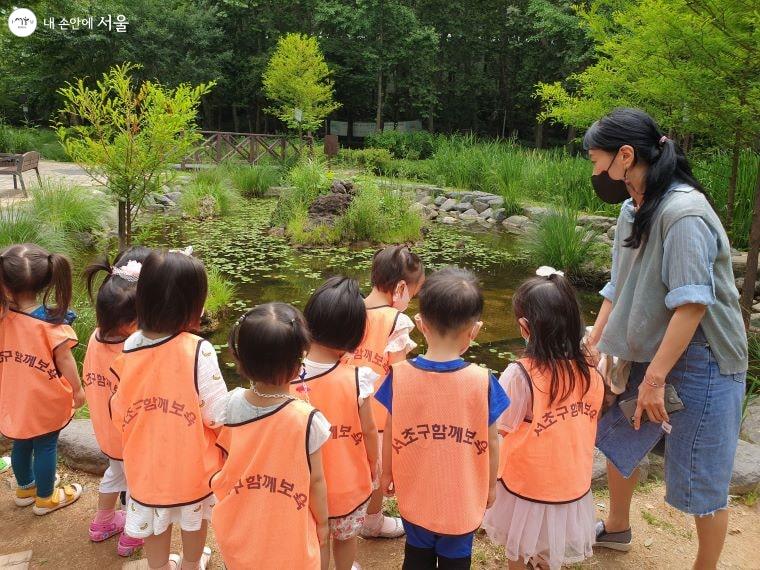 교사의 인솔하에 아이들이 연못의 물고기를 보고 있다. 