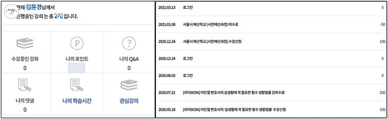 마이페이지에서 포인트, 질문, 학습시간 등을 알 수 있으며 신청 기록 등이 남아 확인이 쉽다.